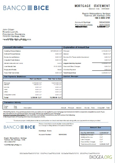 Chili Banco Bice relevé hypothécaire bancaire scr